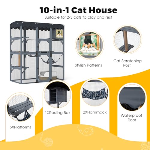 COZIWOW 72Inches Large Wood Catio Outdoor Cat Enclosure with Waterproof Roof, Multi-Level Cat House for 2-3 Cats, Spacious Perches, Hammock, and Scratching Post(Grey Fashion Pattern) COZIWOW