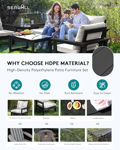 SERWALL HDPE Outdoor Patio Furniture Set, 7-Piece Outdoor Sectional Patio Conversation Set, All Weather Outdoor Couch Set Patio Sofa Set for Deck, Lawn, Black Frame with Khaki Cushion SERWALL