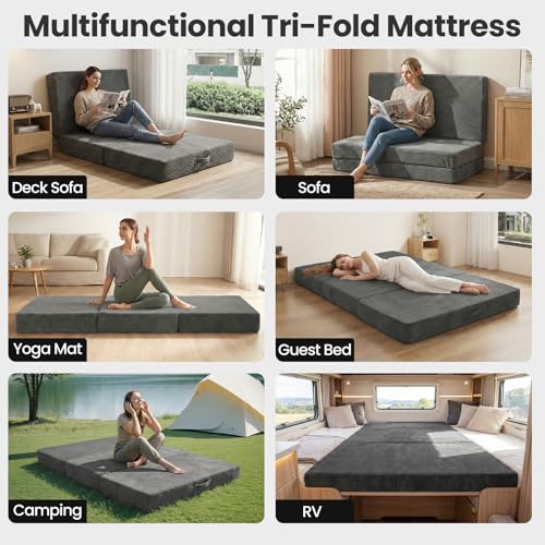 Erament Folding Mattress Queen Size, Trifold Mattress 6 inch Foldable Futon Sofa Bed with Corduroy Cover, Memory Foam Mattress Topper with Carry Handle Erament