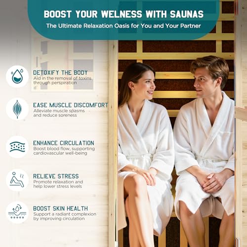 Albott Outdoor Sauna 3 Person, Infrared Saunas for Home, Low EMF 2645W/240V/15A Spruce Wood Dry Sauna with Tourmaline Stone Foot Warmer, 7-Color Light Therapy & 2 Bluetooth Speakers, 60.2"x43.3"x98.4" Albott