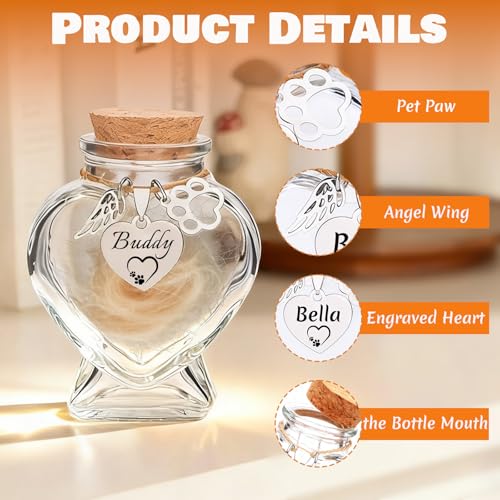 Custom Pet Fur Keepsake, Dog Fur Keepsake, Personalized Pet Hair Memorial Keepsake Bottle, Dog Hair Keepsake with Engraved Name Text Icon for Fur, Whiskers or Ashes (Heart)