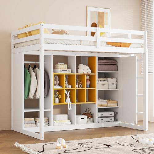 Ball & Cast Twin Size Loft Bed with Wardrobe and Reversible Staircase,Multifunction Wood Bed Frame W/Shelves & Cabinet,Full-Length Guardrails,No Box Spring Needed,for Bedroom,Student,White+Yellow Ball & Cast