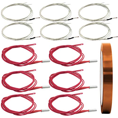 AFUNTA 12 PCS 12V 40W 620 Ceramic Cartridge Heater and NTC Thermistor 100K 3950 Fit 3D Printer & Heat High Temperature Resistant Adhesive Polyimide Tape for Electric Task - Red & White AFUNTA
