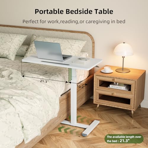 Gibbon Mounts Medical Adjustable Overbed Bedside Table, 32 Inch Pneumatic Mobile Standing Desk with Hidden Wheels, Rolling Laptop Cart for Home, Hospital, White Gibbon Mounts