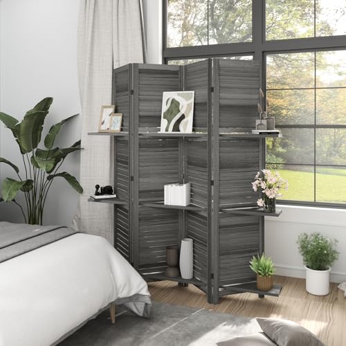 HOMCOM Room Divider, 4 Panel 67" Tall Wood Privacy Screen with 3 Display Shelves, and Folding Storage for Bedroom or Home Office, Gray HOMCOM