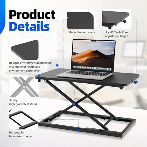 Hoodutric Standing Desk Converter Height Adjustable, Sit to Stand up Desk Riser Computer Workstation use in Laptop and Single Monitor Ergonomic Desktop Workstation for Home Office - Black Hoodutric