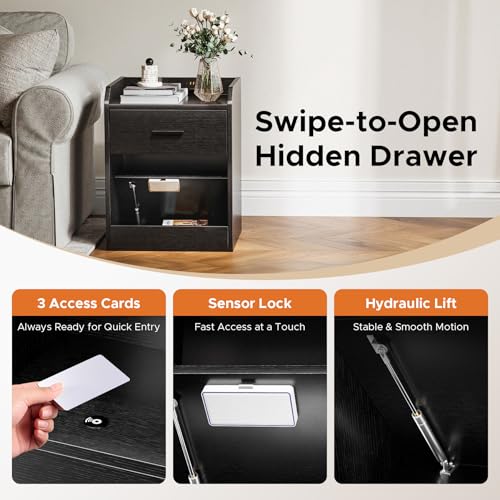 Lazzanto Nightstand with Hidden Drawer & Charging Station, Modern Bedside Table with Storage Drawer and Hidden Compartment, for Bedroom, AC Outlets, USB-A & USB-C Ports, Black Lazzanto