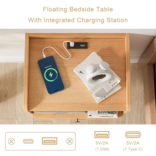 GENGKHAN Floating Nightstand Set of 2, Modern Wall Mount Bedside Table with Drawer & Open Shelf, Space-Saving Night Stands with Charging Station, Natural Wood Finish for Bedroom GENGKHAN