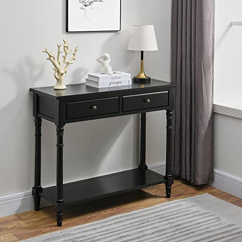 Entry Console Table with 2 Storage Drawers and Open Shelf, Traditional Console Table with Solid Wood leg, Foyer Tables for Entryway, Hallway, Blank Wall, 35.4”L x 13.8”W x 30.1”H, BlacK SFZ004BK VERDANTREE