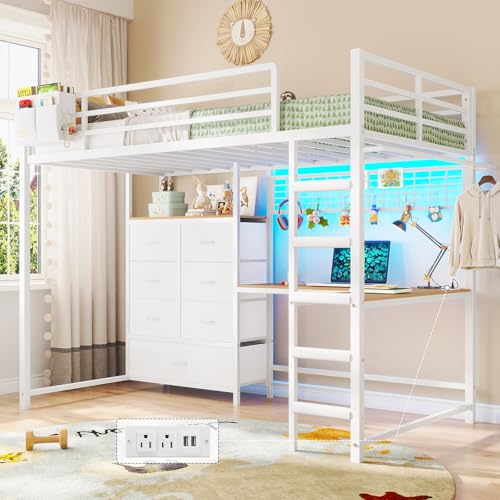Twin Loft Bed with L-Shaped Desk, 7 Storage Drawers, Metal Loft Bed Twin Size with LED Lights and Charging Station, Storage Shelf and Pegboard, Safety Guardrail and Ladder, No Box Spring Needed, White mojiasion