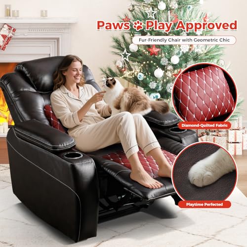 ANJ Electric Power Recliner Chair with Adjustable Powered Headrest, Faux Leather Home Theater Seating Overstuffed Reclining Furniture with USB Ports, Cup Holders, Hidden Arm Storage (Brown/Red)