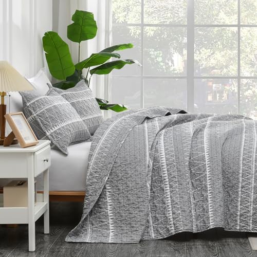 Andency Quilts Queen Size Grey, 3 Pieces Queen Quilt Bedding Set Boho Lightweight Soft Striped Bedspread for All Season (90"x96"), Gray Printed Bohemian Microfiber Reversible Coverlet Comoforter Sets