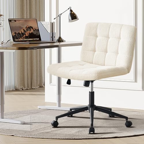 Furnimart Swivel Criss Cross Legged Chair with Wheels for Home Office, Wide Armless Desk Chair Height Adjustable Comfy Seat for Desk,Vanity, Bedroom, Faux Fur White Furnimart