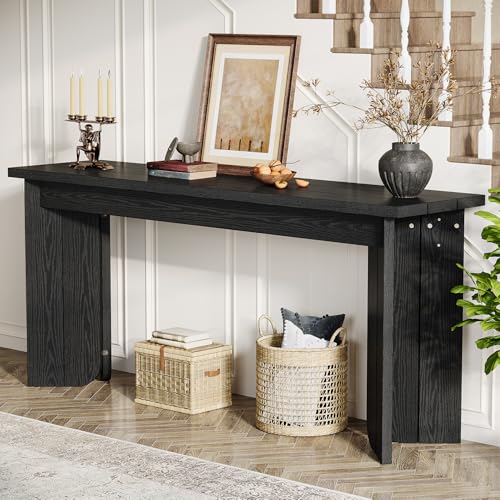 Tribesigns Farmhouse Console Table, 70.9-Inch Extra Long Console Table, Wood Sofa Table Behind Couch with Widened Tabletop & Sturdy Double Pedestal for Living Room, Hallway, Foyer (Black) Tribesigns