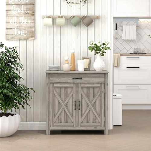 HOMCOM Farmhouse Sideboard Buffet Cabinet, Barn Door Style Kitchen Cabinet, 32" Accent Cabinet for Kitchen, Living Room or Entryway, Gray Wash HOMCOM