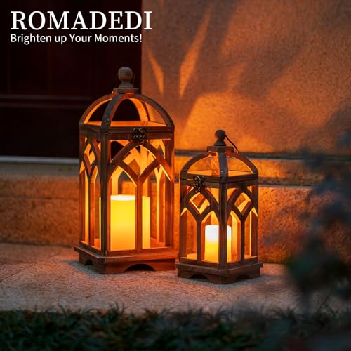 Romadedi Farmhouse Candle Lantern Wooden - 12" / 16" Set of 2 Decorative Rustic Wood Candle Holder Home Decor Decoration Wedding Table Centerpiece, Brown Romadedi