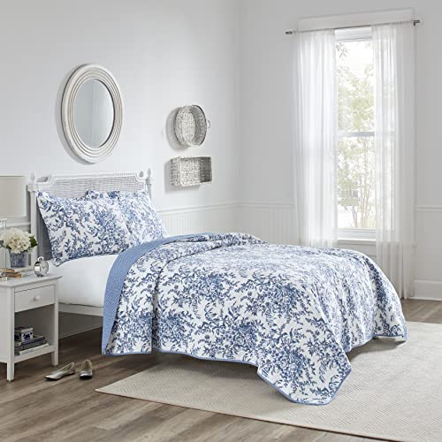 Laura Ashley - Twin Quilt Set, Soft & Reversible Cotton Floral Bedding with a Medium Weight Feel, 2 Piece Bed Set with Matching Pillowcases (Bedford Delft Blue) Laura Ashley