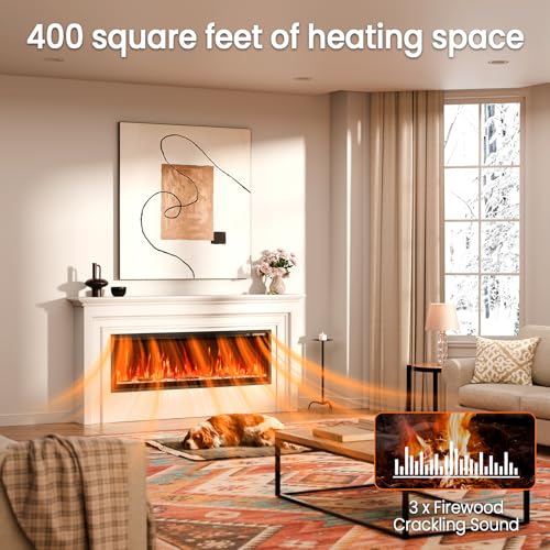 60” Smart Electric Fireplace with Voice Control, Realistic Flame, Crackling Sound, Wall Mounted or Recessed Fireplace Insert, App/Remote Control, Logs & Crystals Included for Living Room, Bedroom Rresyet