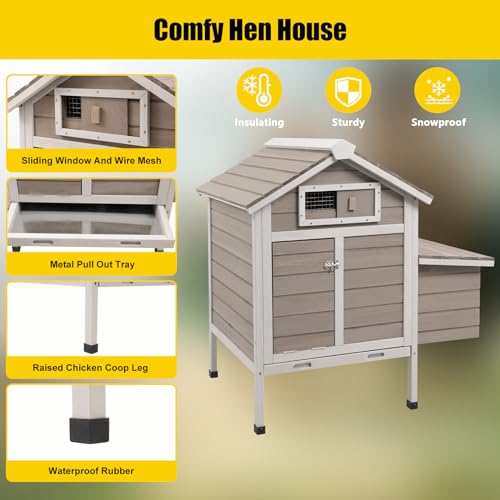 PetsCosset 32" Chicken Coop Wooden Hen House for 1-3 Chickens,Outdoor Poultry Cage with Pull Out Tray,Garden Backyard Chicken Coops Cages with Nesting Box,Chicken Houses Hen Cage with Ramp Run(Grey) PetsCosset