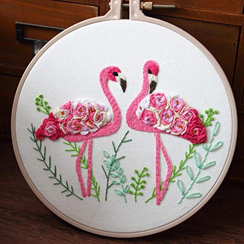Konrisa Flamingo Embroidery Kit for Beginners with Pattern Floral Stamped Full Range of Embroidery Starter Kit for Adults Cross Stitch Kit with Embroidery Cloth, Hoops, Color Thread and Tools,Set of 2