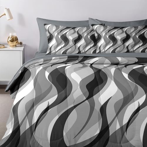Nesker Comforter Set Queen Size, Minimalist 7 Pcs Bedding for Kids and Adults, Black White Gray Wave Bed Sheet Sets with Fitted Sheet 2 Pillowcases & 2 Shams Nesker