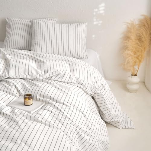 Wake In Cloud - Striped Cotton Duvet Cover Set, Ticking Stripe Vertical Pinstripe Farmhouse, 100% Washed Cotton Textured Percale Bedding Set, 3 Pieces, White, King Size Wake In Cloud