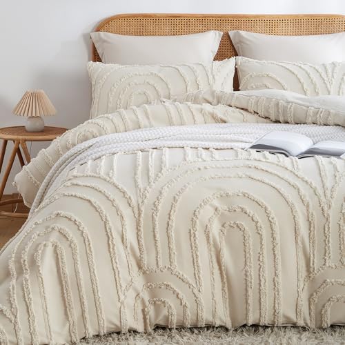 Nayoroom Boho Duvet Cover Full Size Beige Tufted Chenille Rainbow Textured Comforter Cover 3 Pcs Luxury Soft Washed Microfiber Aesthetic Bedding Set with Zipper Closure for All Seasons Nayoroom