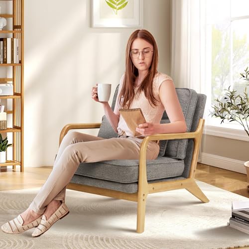 COLAMY Mid Century Modern Accent Chair Set of 2 with Lumbar Pillow, Relaxing Armchair with Solid Wood Frame & Soft Cushion, Reading Leisure Chair for Living Room,(Grey) COLAMY