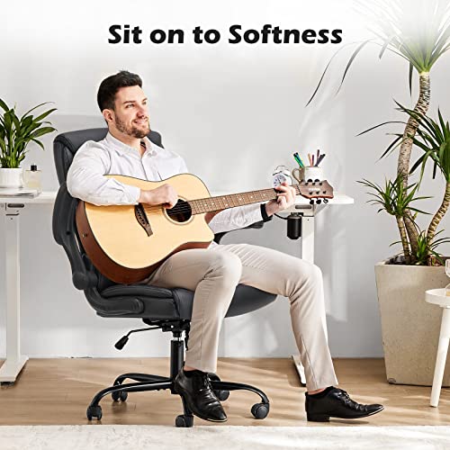 DUMOS Office Chair - Ergonomic Executive Computer Desk Chairs with Adjustable Flip-up Armrest, Swivel Task Chair with Lumbar Support, Strong Metal Base, PU Leather, Black DUMOS