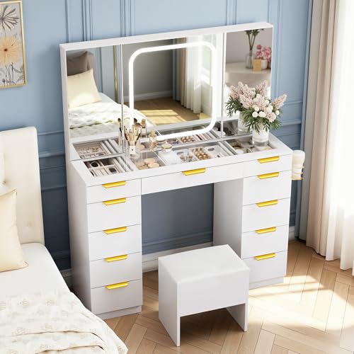 Fkhouse Glass Top Vanity Desk with Foldable Mirror and Lights, 11 Drawers Makeup Vanity with Charging Station, 3 Lighting Modes Dressing Table with Chair, White Fkhouse