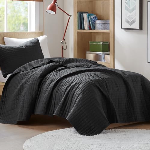 Comfort Spaces Kienna Quilt Set-Luxury Double Sided Stitching Design Summer Blanket, Lightweight, Soft, All Season Bedding Layer, Matching Sham, Black, Coverlet Twin/Twin XL(66"x90") 2 Piece Comfort Spaces