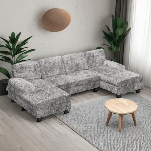 Furniwell Convertible Sectional Sofa Couch, 4 Seat Sofa Set for Living Room U-Shaped Modern Fabric Modular Sofa Sleeper with Double Chaise & Memory Foam (Grey) Furniwell