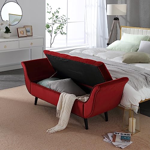 Hdxdkog Velvet Storage Bench for Bedroom End of Bed, 65" Upholstered Rolled Armed Button Tufted Stool Bench, Storage Ottoman Long Bench with with 2 Pillows for Entryway (Wine Red) Hdxdkog