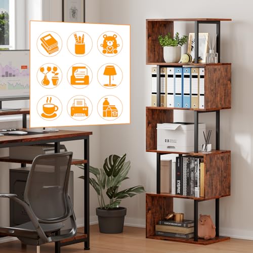 Furologee 6-Tier S-Shaped Geometric Bookshelf - Industrial Freestanding Display Unit in Rustic Brown Furologee