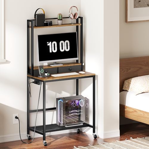 YATINEY Computer Desk with Hutch and Drawers, Home Office Desk with Power Outlets, Gaming Desk with Monitor Stand and Wheels, for Living Room, Home Office, Rustic Brown DN02UBR YATINEY