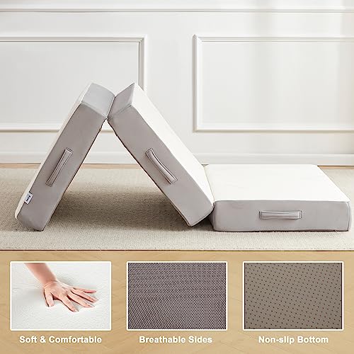 Lazyzizi Folding Mattress, 6 Inch Memory Foam Tri-fold Mattress with Breathable & Washable Bamboo Fiber Fabric Cover, Foldable Floor Guest Bed for Camping, Road Trip, Twin Lazyzizi