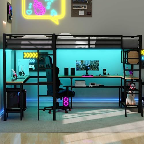LUMISOL Twin Size Double Loft Bed with LED and Storage Shelves, Metal L-Shaped Loft Bed with 2 Built-in Desks and 2 Charging Stations, Black LUMISOL
