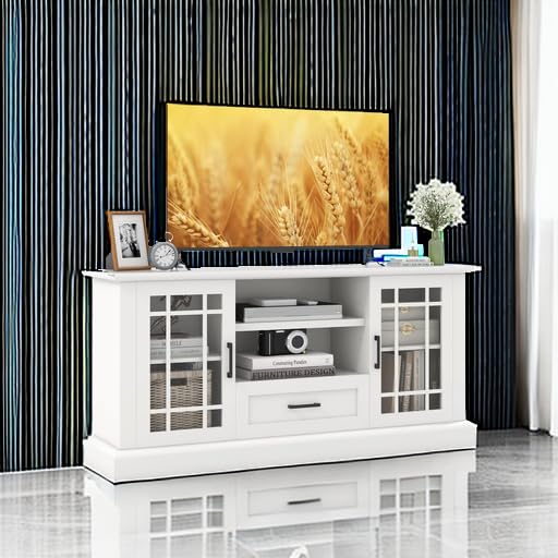 Tangkula Farmhouse TV Stand for TV up to 70 Inch, Tall Media Console Table with 2 Glass Doors, Entertainment Center with Cubbies & Drawer, Storage Cabinet or Sideboard Buffet for Living Room (White) Tangkula