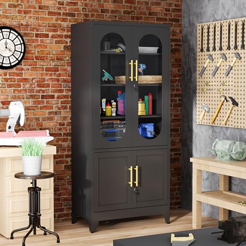 GAIOUS Metal Storage Cabinet with 2 Glass Doors, 71" Tall Lockable Cabinet with Adjustable Shelves, Black Steel Versatile Storage Cabinets for Home Office Garage Gym School GAIOUS
