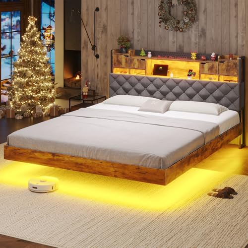 BYSAUD California King Bed Frame with LED Lights & Charging Station, Floating Bed Frame with Storage Headboard, Heavy Duty Metal Platform with Capacity of 1200 LBS, No Box Spring Needed, Grey BYSAUD