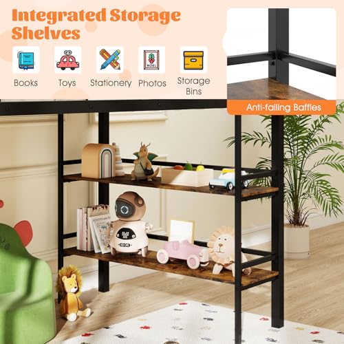 Giantex Low Loft Bed Twin Size, Heavy Duty Metal Frame w/Storage Shelves, Ladder & Full-Length Guardrails, Ample Under-Bed Space, Kids Loft Bed with Stairs for Boys Girls Junior, No Box Spring Needed Giantex