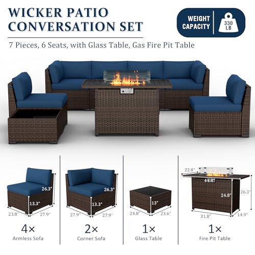 VONZOY 8 Pieces Outdoor Patio Furniture Set with 44" Fire Pit Table Rattan Sectional Conversation Sets w/Gas Fire Pit, Coffee Table, 2 Waterproof Covers, Navy Blue VONZOY