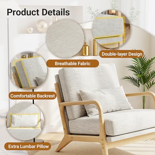 Claiks Mid-Century Modern Accent Chair, Living Room Armchair with Solid Wood Frame & Lumbar Pillow, Comfy Upholstered Lounge Chair for Bedroom, Office, Linen-Like Fabric, Light Gray Claiks