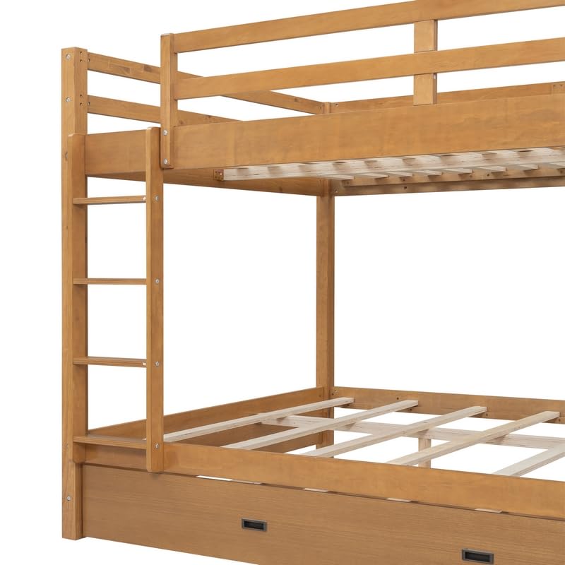 Merax Queen Size Bed with Trundle - Space-Saving Solid Wood Frame, Built-in Safety Rails and Ladderm, Wood Merax