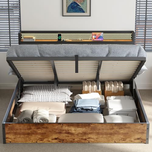AMERLIFE King Size Lift Up Bed Frame with Linen Upholstered & LED Light & Storage Headboard, Platform Bed Frame with Charging Station, No Box Spring Needed, Noisy Free, Rustic Brown AMERLIFE
