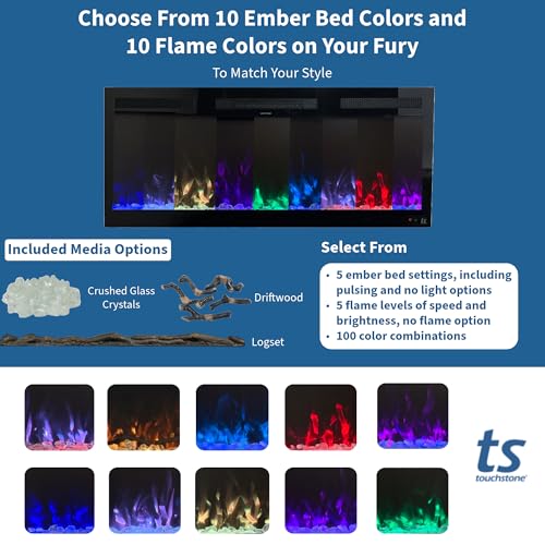 Touchstone Smart Electric Fireplace-The Fury 57" Wide- 4.5" Thin in Wall Recessed-100 Realistic Flame/Ember Bed Color Combos-1,500W Heater-Larger Viewing Area-Alexa/WiFi Enabled Touchstone