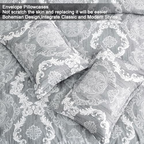 WONGS BEDDING Grey Comforter Set Queen Size, Damask Texture 7 Pieces Gray Bed in a Bag Microfiber Boho Comforter Bedding Sheet Set with Comforter, Flat Sheet, Fitted Sheet,Pillow Shams,Pillowcases WONGS BEDDING
