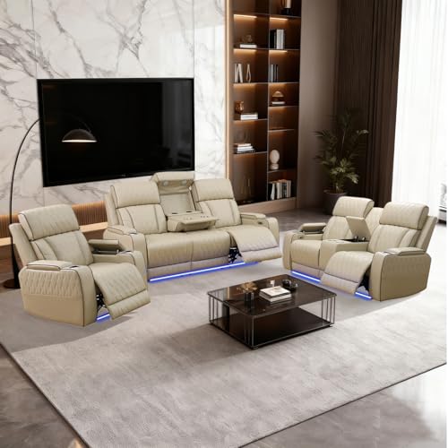 Saxum Tegmen Living Room Furniture Sets, Power Recliner Sectional Sofa with LED Lights, Leather Couch Set, Reclining Sofa for Living Room, Home Theater,and Office (3PCS Set, Beige)