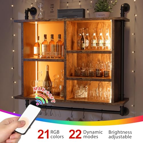 REIBII Led Floating Shelves for Wall 37" Kitchen Shelves for Wall Storage Industrial Pipe Shelving with 8 S-Hook Wood Wall Mounted Shelves for Bathroom Wall Wine Coffee Bar Rack Living Room Deco REIBII