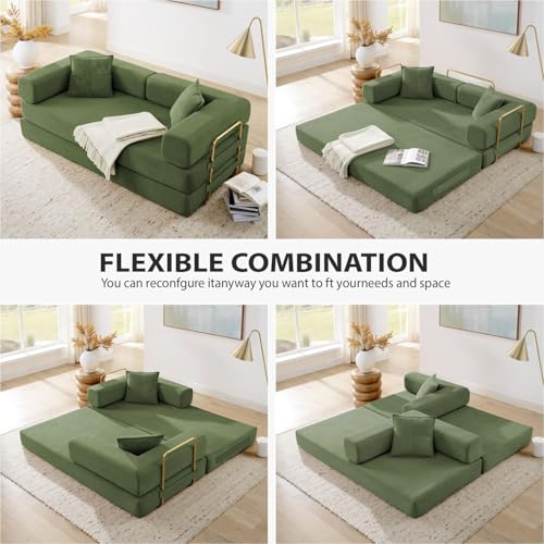 Vanress Convertible Folding Sofa Bed, Modern Futon Sleeper Sofa Fold Out Couch Bed with Gold Fixed Frame, Modular Floor Sofas Comfy Corduroy Boneless Couches for Living Room (78" Green) Vanress